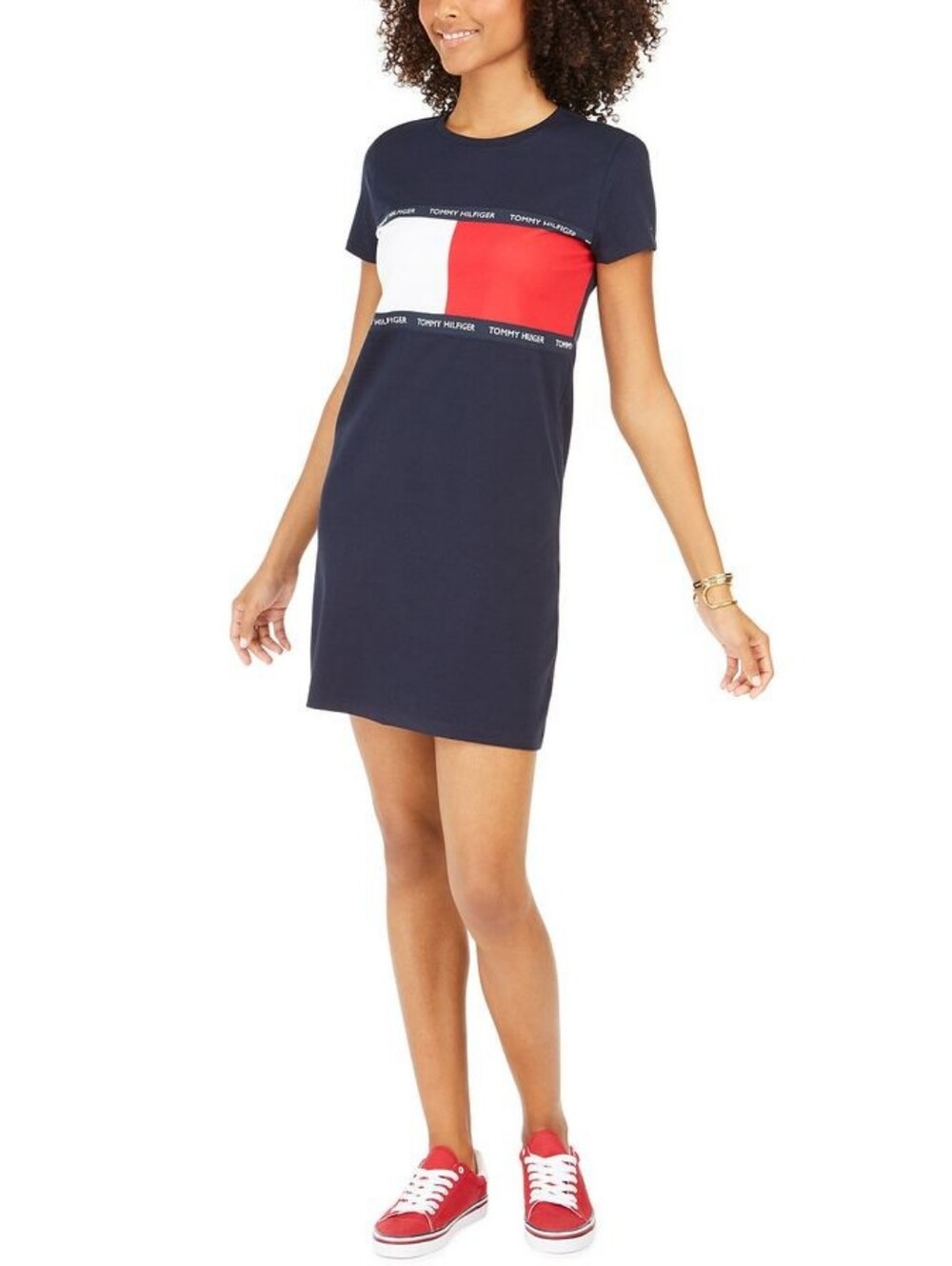 Tommy Hilfiger Women Navy Blue Colorblock T Shirt dress with Red and White Panel
